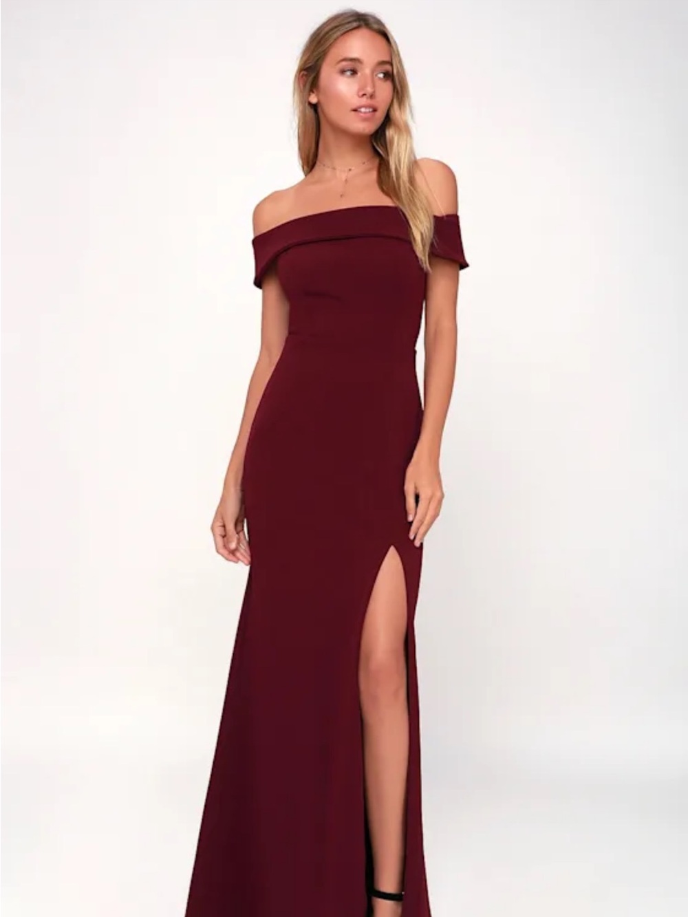 Lulu’s Aveline Burgundy Off-the-Shoulder Maxi Dress